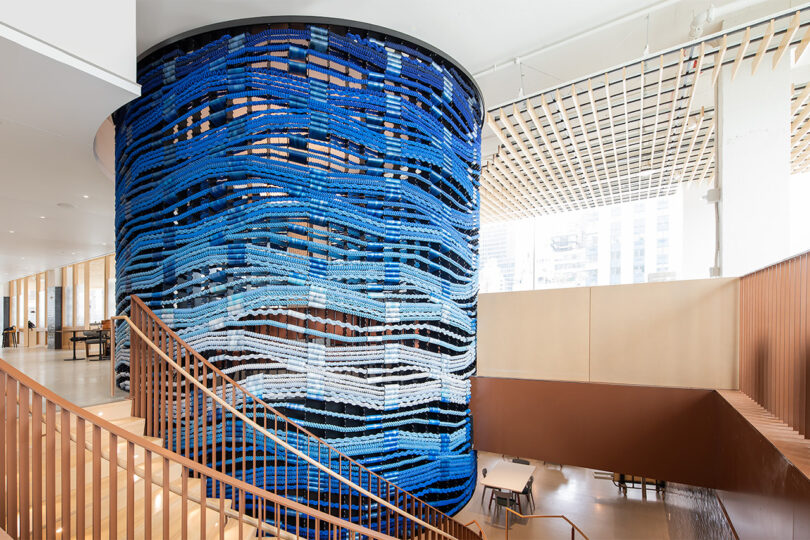 large blue handwoven art installation
