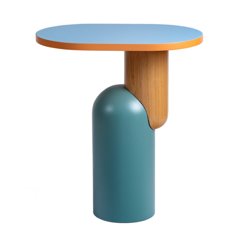 turquoise, orange, and blue circular side table