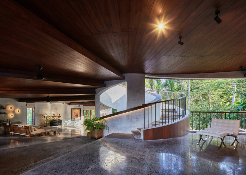 interior view of modern house with spiral design in wood and concrete