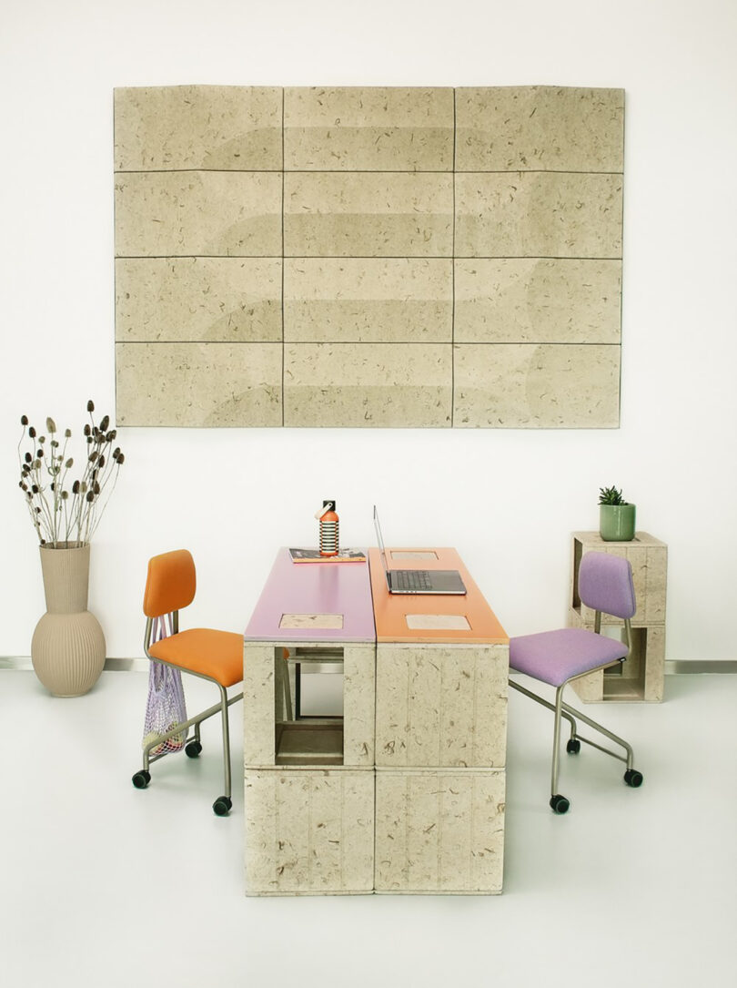 double-sided desk/table made of modular sustainable cubes in a styled space