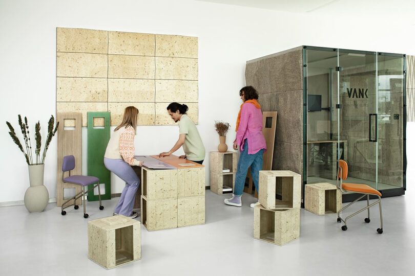 double-sided desk/table made of modular sustainable cubes bring constructed in a styled space