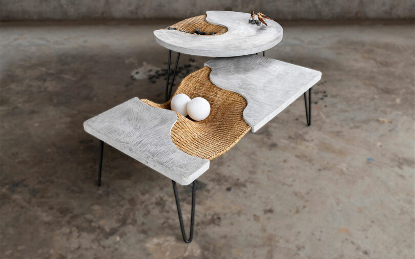 Square and round concrete/rattan nesting tables.