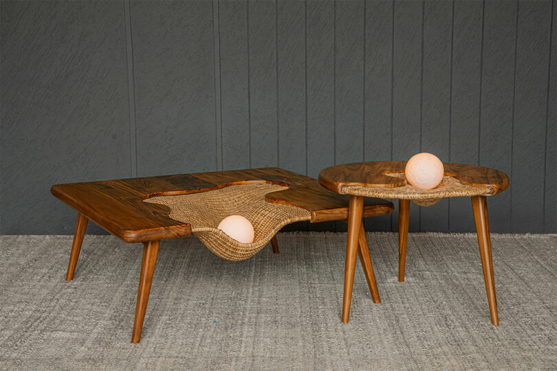 Square and round wood/rattan nesting tables.