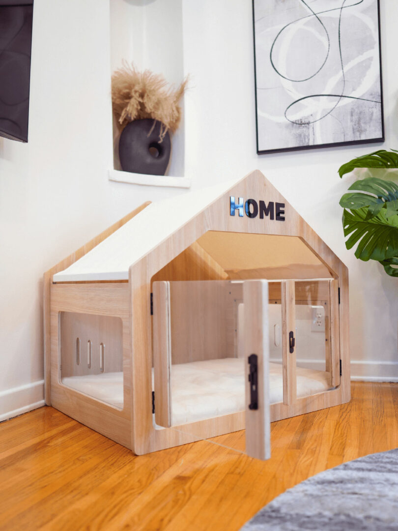 view of modern wood and plexi indoor dog house