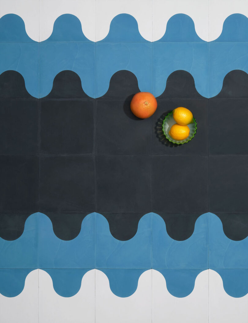 fruit on top of black teal and white tiles