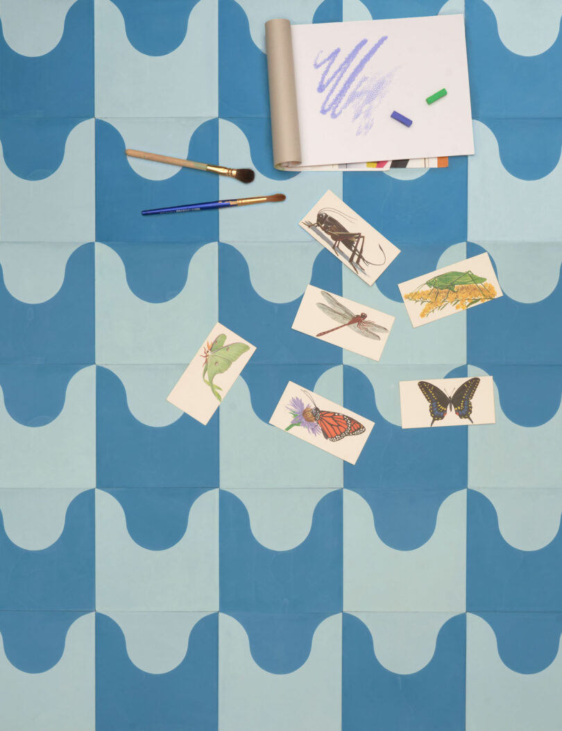 flashcards on patterned blue tiles