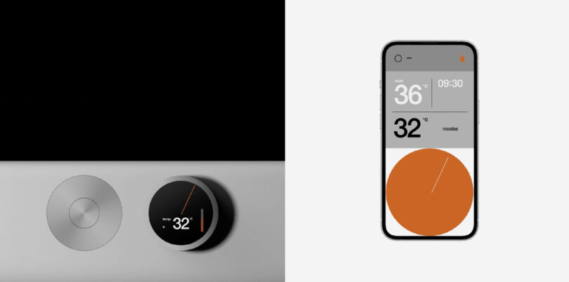 Side by side rendered images of the AquaIntelli's physical touch dial controls alongside its app equivalent, displayed on a smartphone showing preferred water temperature.