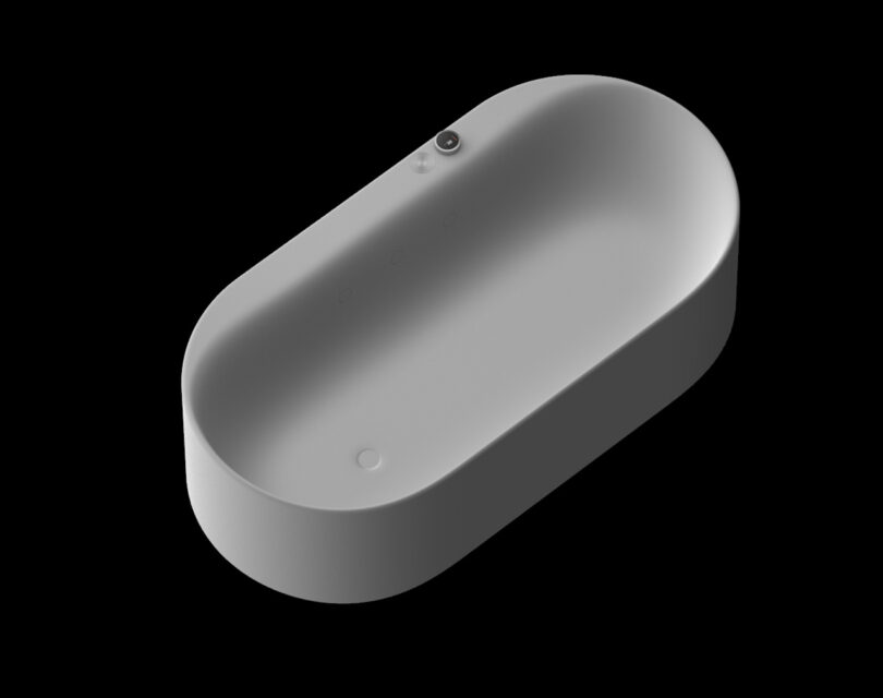Isometric view of a minimalist sculpted bath tub render shown against an all-black background.
