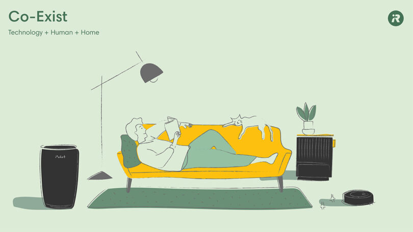 Simple line illustration of a man reclined on a yellow sofa reading a book with a cat laying across the top across from him, reading floor lamp above him, and surrounded by a cylindrical iRobot air purifier to the left and the iRobot Roomba Combo j9+ robot vacuum and mop cleaning the floor to his right. The words "Co-Exist Technology + Human + Home' accompany the illustration in the upper left hand corner.
