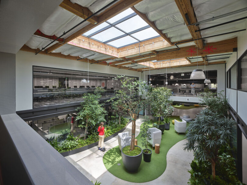 green courtyard in the middle of a warehouse office