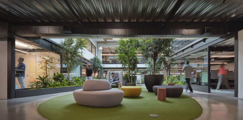 seating areas on turf in warehouse office