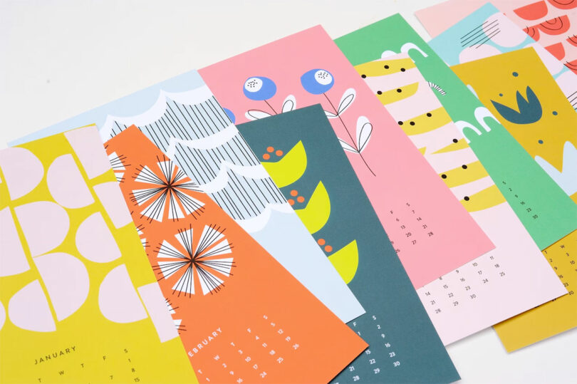 angled layered pages of colorful bold and bright calendar