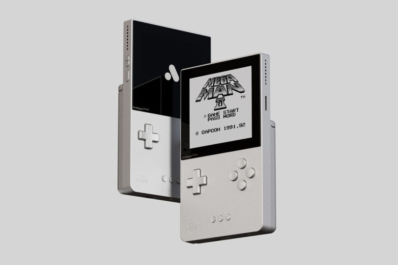 Analogue Classic Limited Edition Pocket in silver with Mega Man II game on its screen