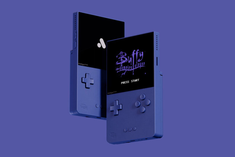 Analogue Classic Limited Edition Pocket in purple with Buffy the Vampire Slayer game on its screen