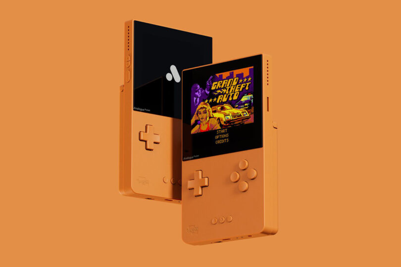 Analogue Classic Limited Edition Pocket in Pumpkin Spice with Grand Theft Auto game on its screen