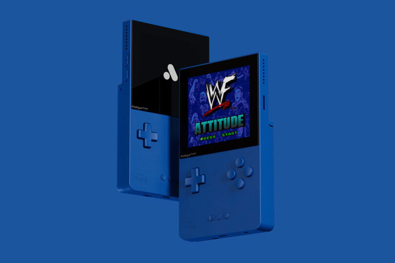 Analogue Classic Limited Edition Pocket in blue with WWF Attitude game on its screen