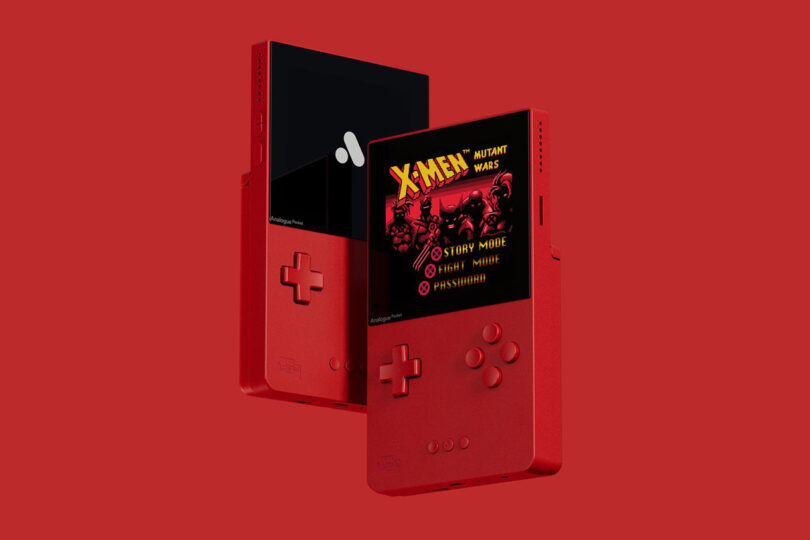 Analogue Classic Limited Edition Pocket in red with X-Men Mutant Wars game on its screen