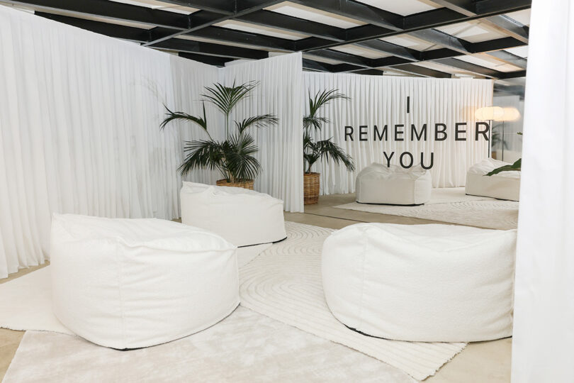 I Remember You exhibition front room with three white bean bag chairs
