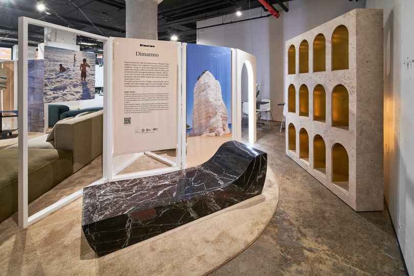 Exhibit with marble bench and shelf