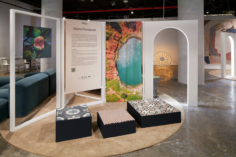 Exhibit with three tile samples
