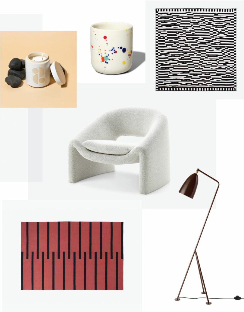 collage with white armchair, red and black rectangular rug, black and white patterned blanket, dark brown floor lamp, confetti mug, and jar candle