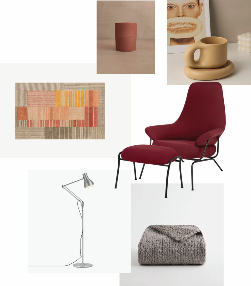 collage with burgundy armchair and footstool, pastel rectangular rug, dark grey blanket, silver floor lamp, mustard mug, and terracotta jar candle