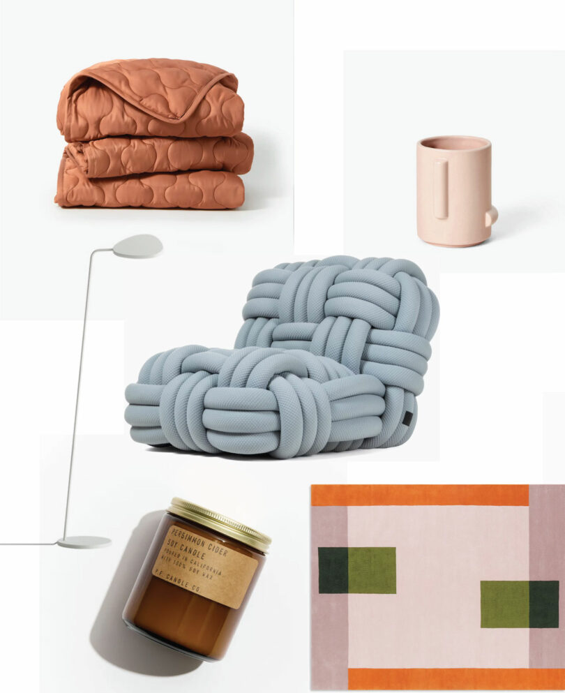 collage with light blue woven armchair, colorful geometric rectangular rug, terracotta blanket, white floor lamp, light pink mug, and jar candle