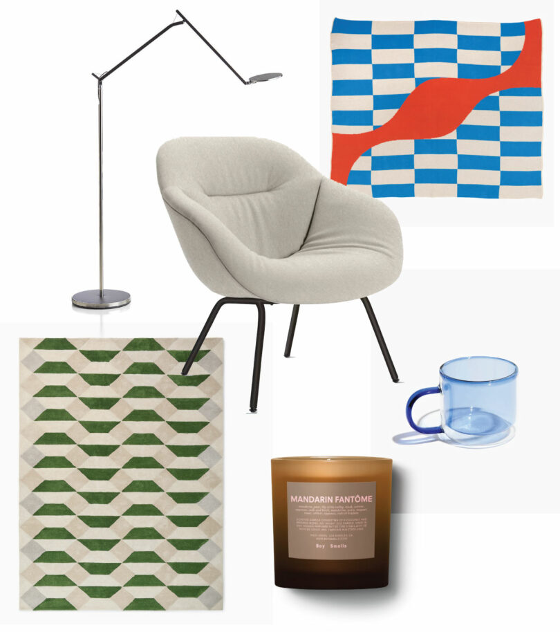 collage with white armchair, red, white, and blue rectangular rug, dark green and cream patterned blanket, silver floor lamp, light blue glass mug, and jar candle