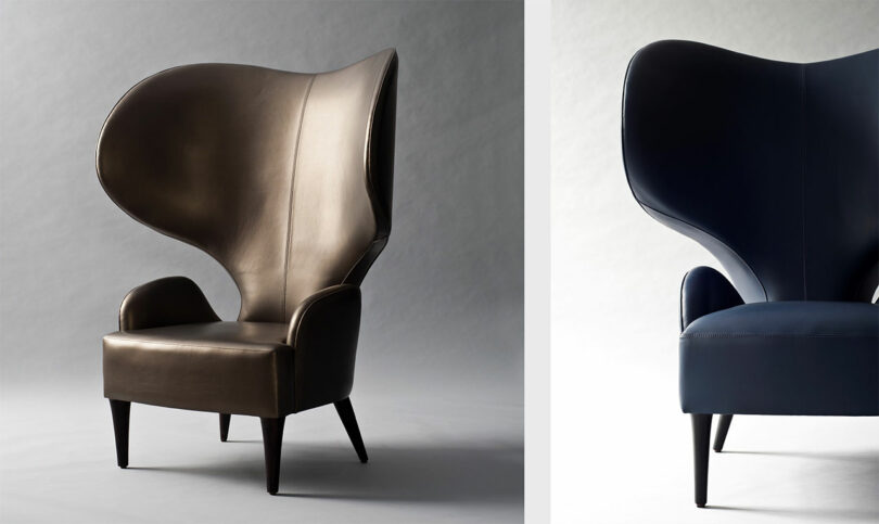 Two shots of a large wingback chair.