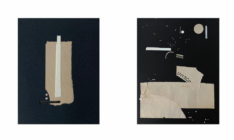 Two contemporary paper collages in high contrast.