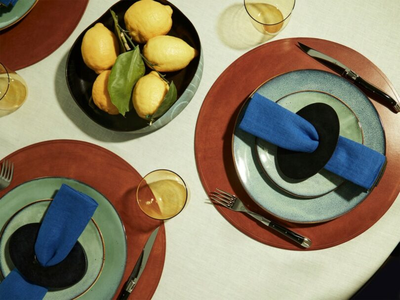 Table setting with black napkin rings.