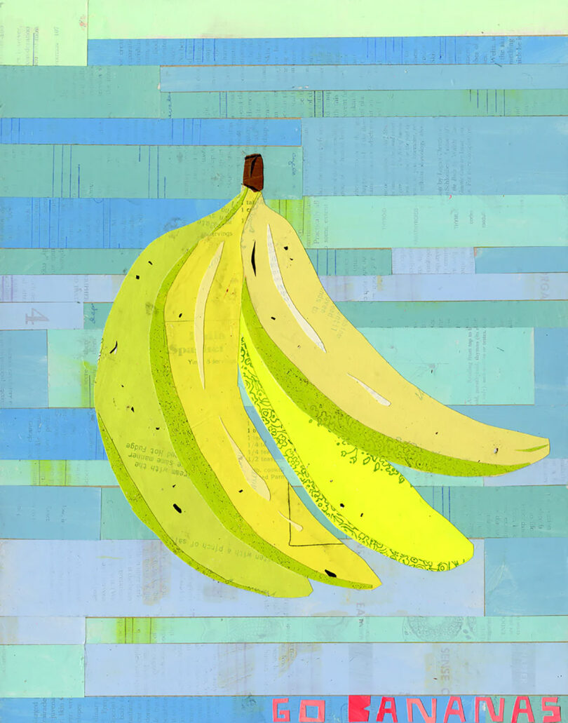 neon yellow bananas on a background of multiple blue hues and the words GO BANANAS
