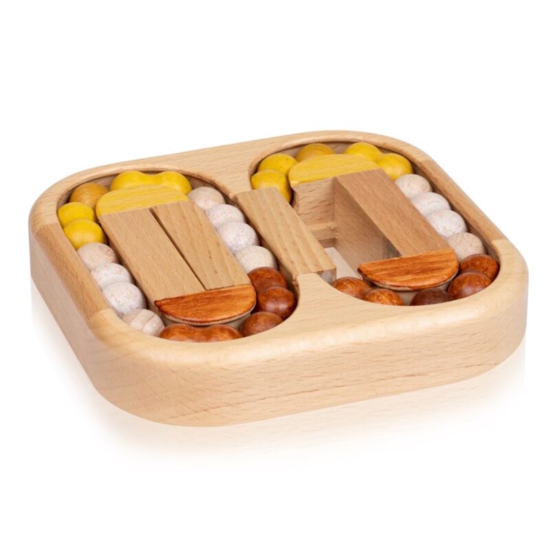 Art of Play Double Zero Marble Puzzle with a wood base and yellow, white, and brown marbles in two zero-shaped slots