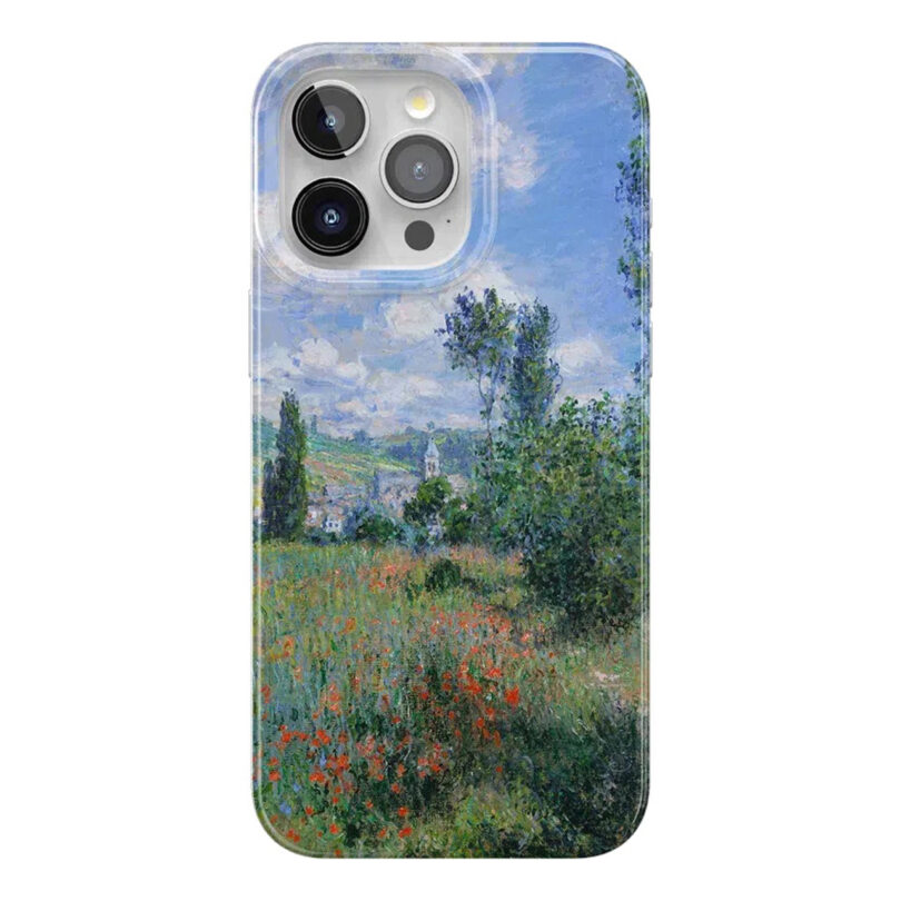 The Met x Casely: The Monet Series iPhone case of Monet's View (depicts a green landscape of a village in Paris with some red floral accents)