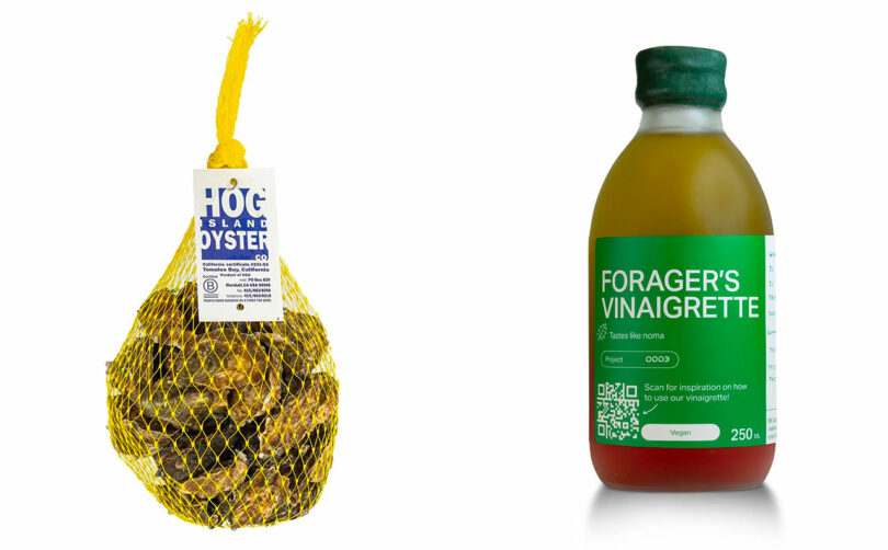 side by side image of a yellow mesh bag of oysters on left and a glass bottle with green label holding vinaigrette