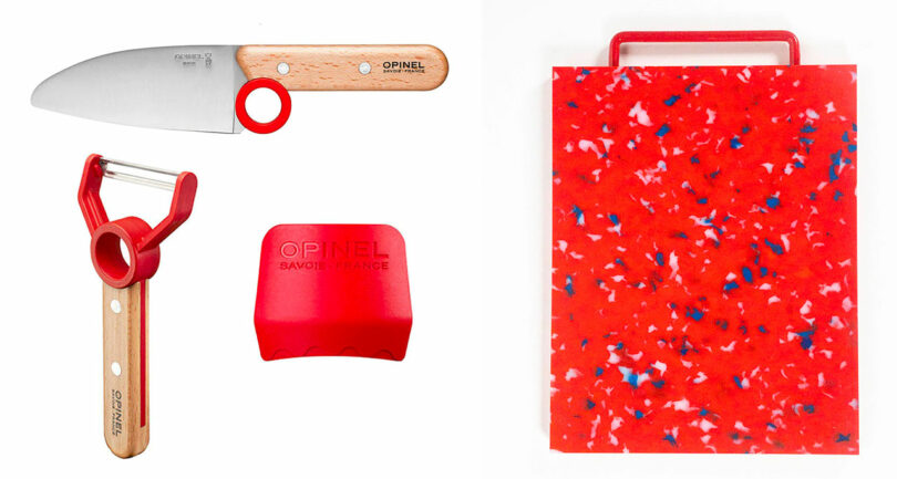 montage image of knife and kitchen tools next to a bright red confetti cutting board