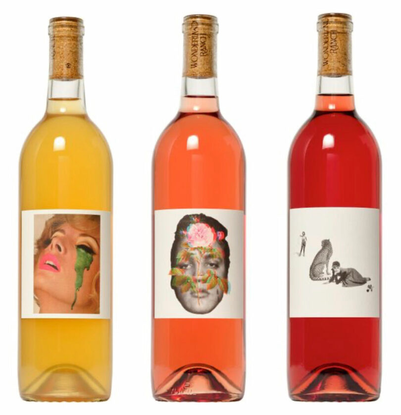 trio of wine bottles each with different colors and flavors with images on labels