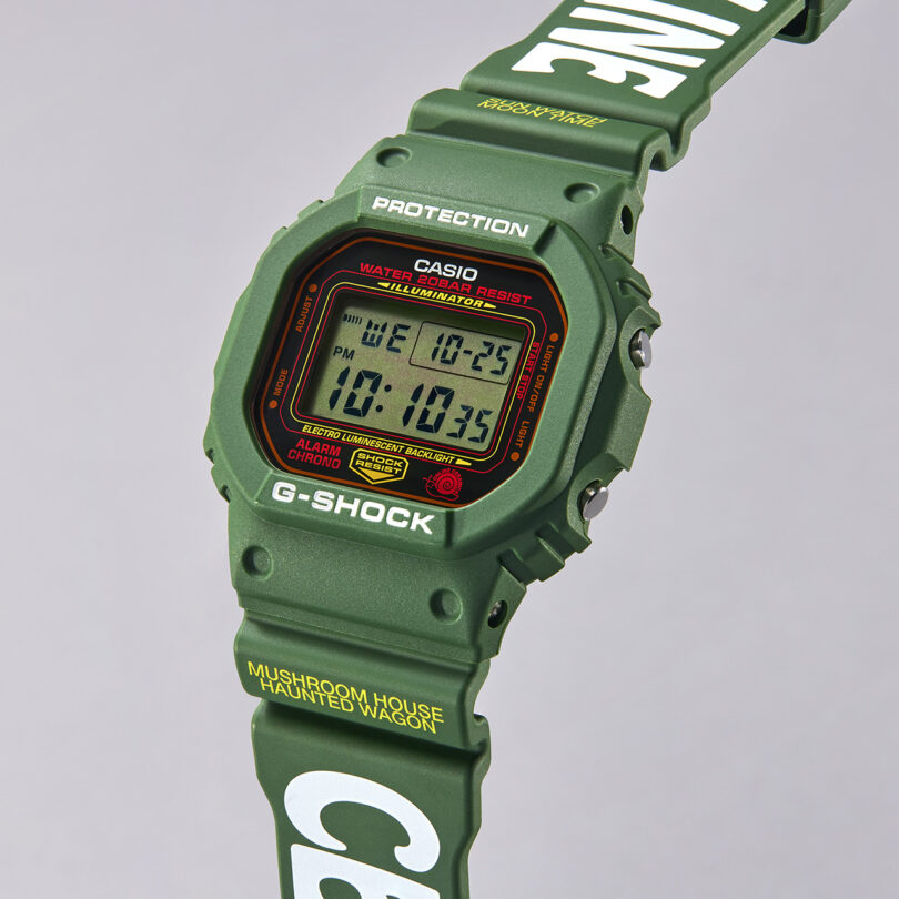 Angled front view of green Online Ceramics x Hodinkee Casio G-SHOCK digital watch