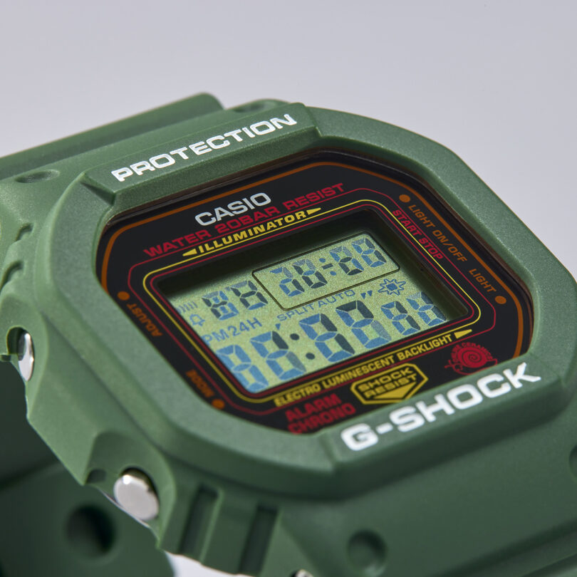 Close up front view of green Online Ceramics x Hodinkee Casio G-SHOCK digital watch