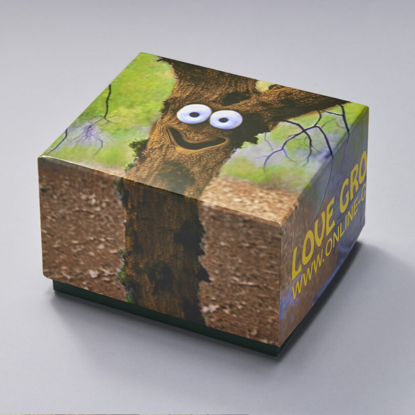 Packaging box for Online Ceramics x Hodinkee Casio G-SHOCK digital watch, with funny cartoon eyed smiling tree and "LOVE GROWS" printed across it.