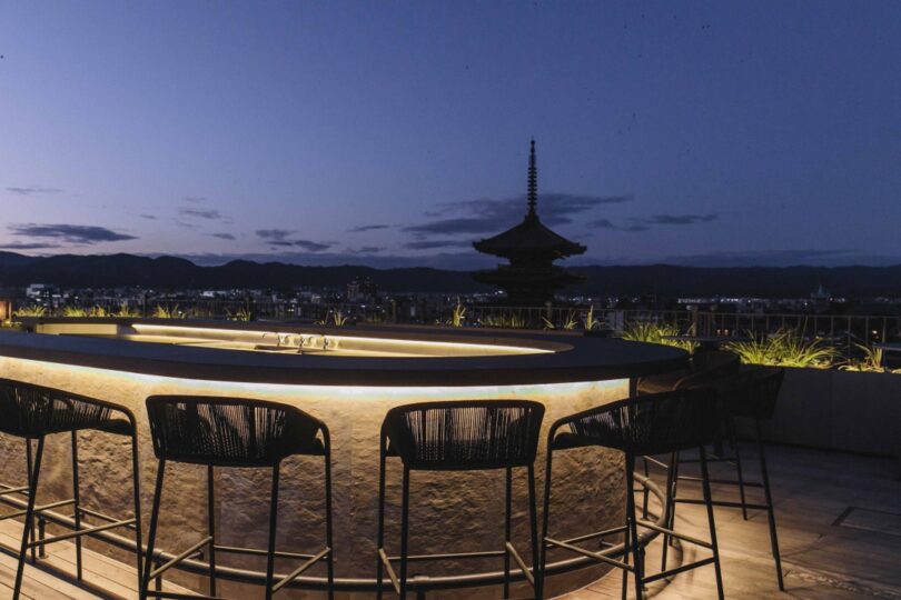 Rooftop view from hotel bar overlooking Kyoto with view of Hokanji Temple “Yasaka Pagoda” 