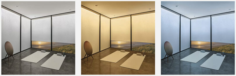 The photos of the same room staged for yoga, showing three different lighting brightness and color temperature settings made possible by Hunter Douglas Aura window shades.