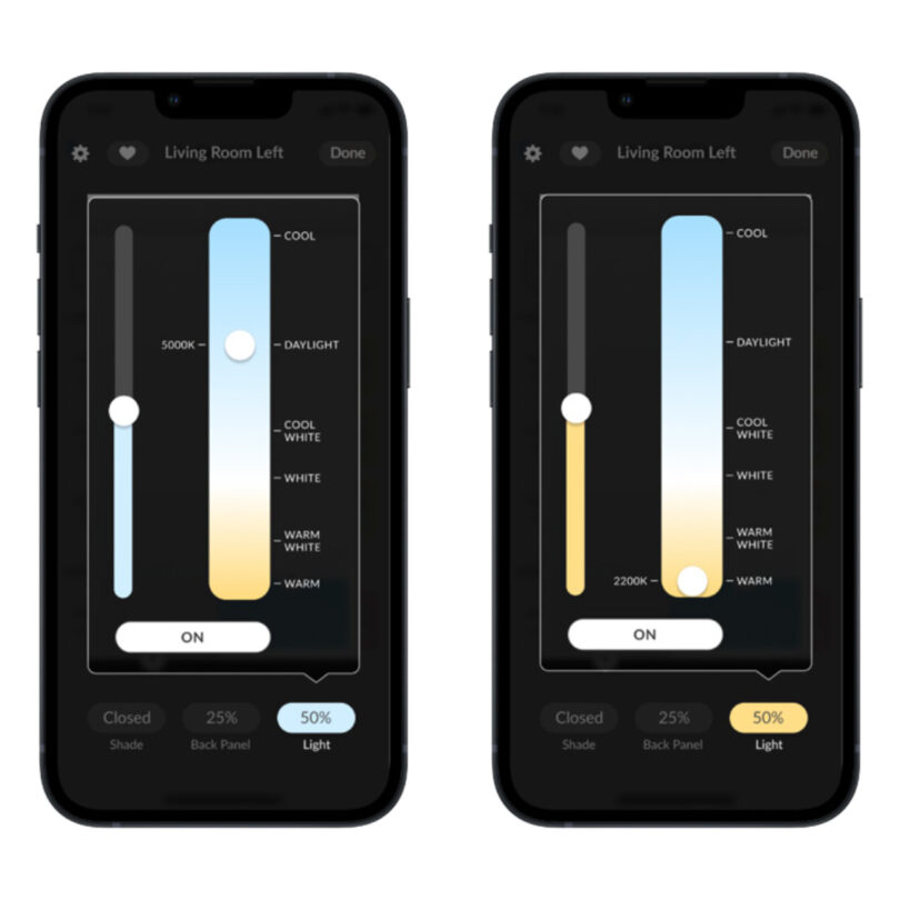 Hunter Douglas Aura window shade options shown on a phone using the brand's PowerView app, with sliding controls for brightness and light color temperature.