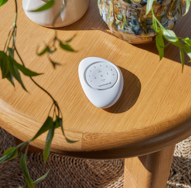White Hunter Douglas Pebble remote control set on round wood side table near two potted plants.