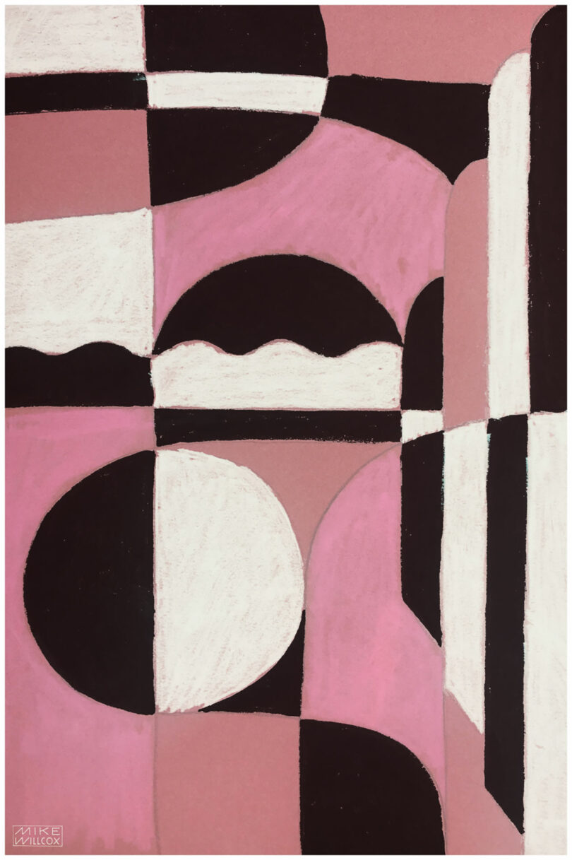 Contemporary deco art in pink, black, and white.
