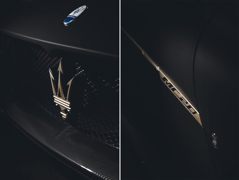 White gold detailing of the Maserati MC20 Notte Edition super sports car across it's front grill and side adornments.