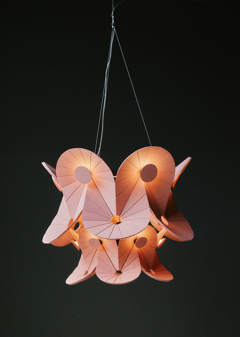 illuminated pink felt acoustic chandelier