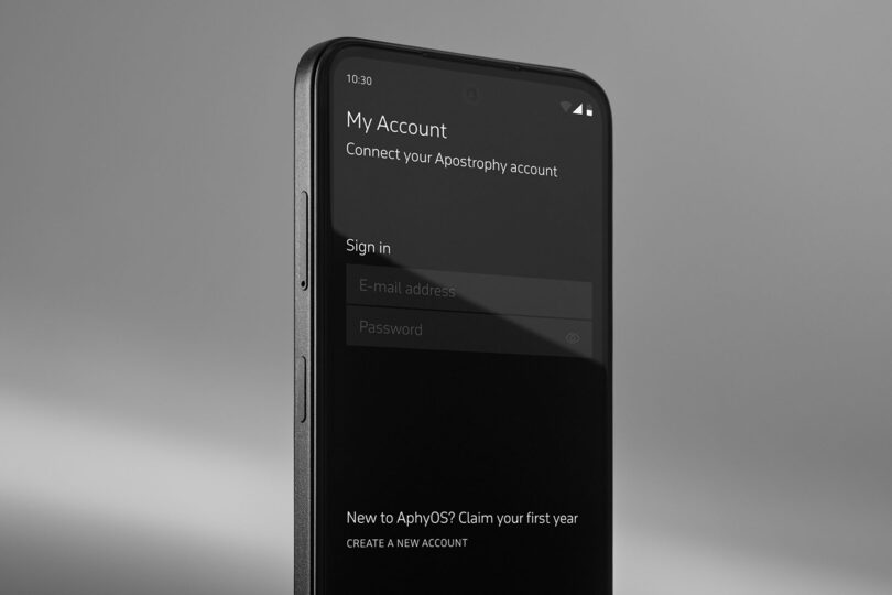 PUNKT MC02 smartphone screen in My Account option screen, allowing user to sign into Apostrophy OS account.