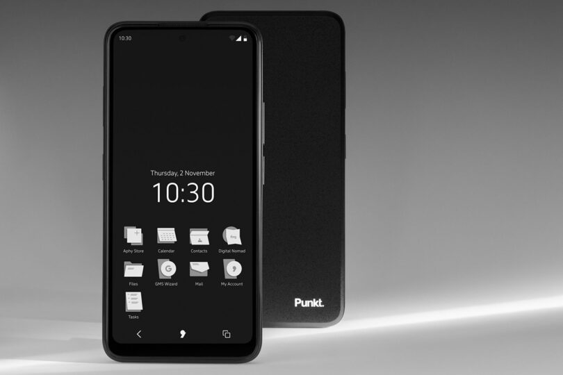 Front and back of PUNKT MC02 smartphone screen showing "Thursday, 2 November, 10:30) time with three rows of monochromatic app icons.