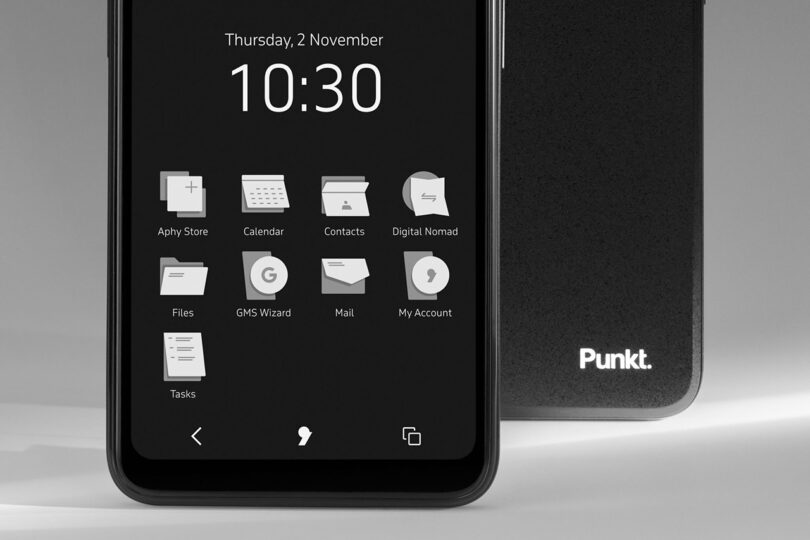PUNKT MC02 smartphone screen showing "Thursday, 2 November, 10:30) time with three rows of monochromatic app icons.